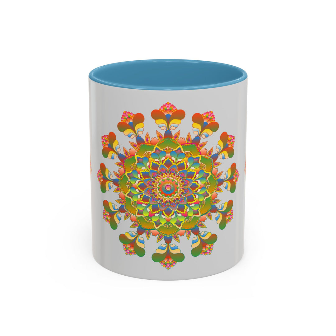 Beautiful ceramic mug featuring a vibrant mandala art design in various colors