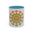 Beautiful ceramic mug featuring a vibrant mandala art design in various colors