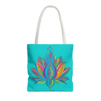 Beautiful azure tote bag with intricate mandala lotus design, perfect for carrying your essentials in style