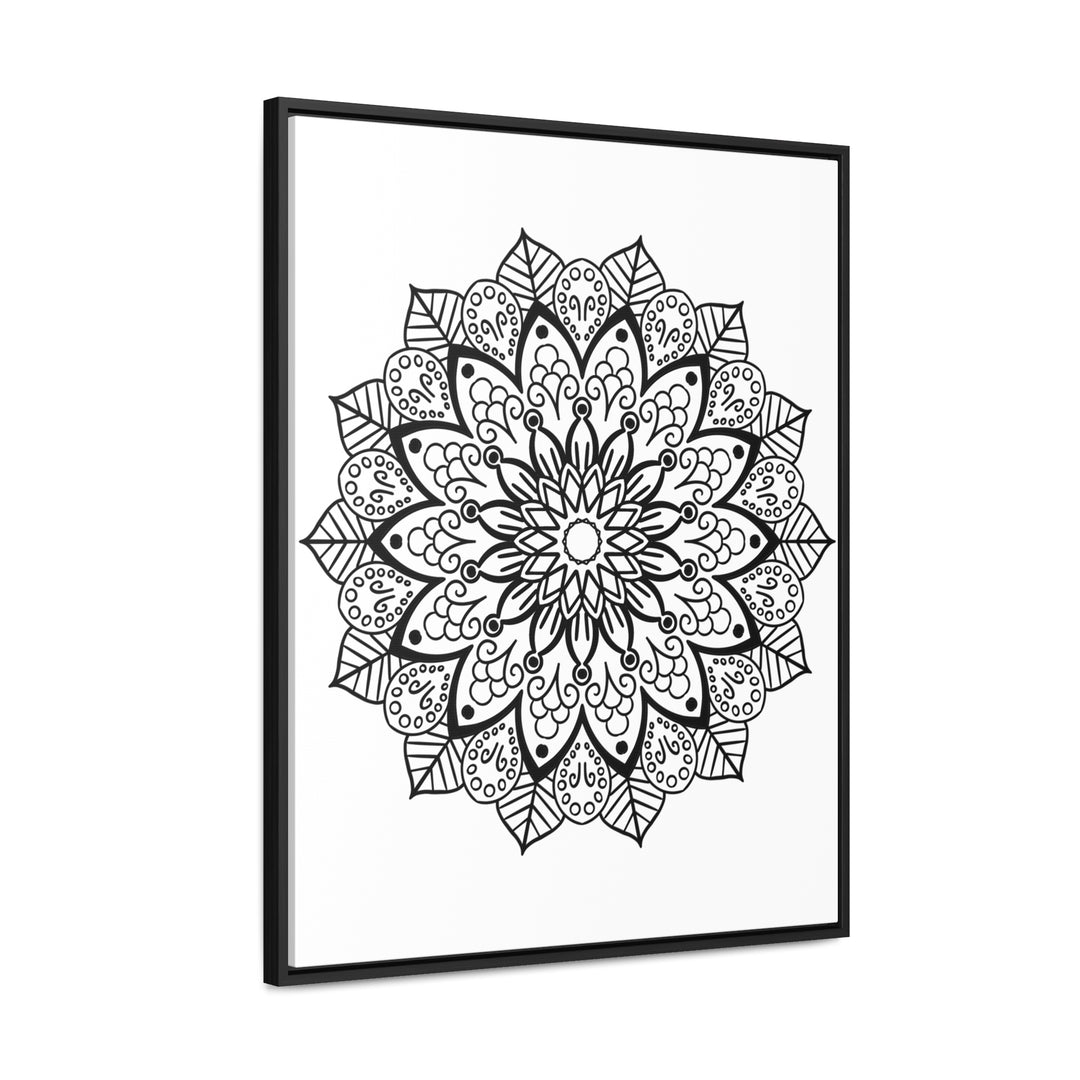 Beautiful handmade black and white mandala wall art on gallery canvas wraps, displayed in a vertical frame