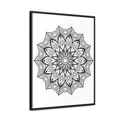 Beautiful handmade black and white mandala wall art on gallery canvas wraps, displayed in a vertical frame