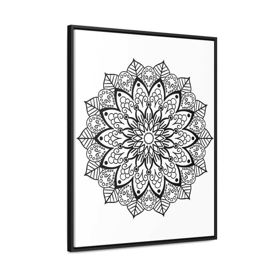 Beautiful handmade black and white mandala wall art on gallery canvas wraps, displayed in a vertical frame