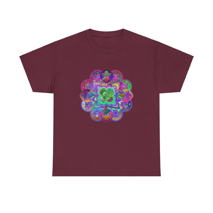 Colorful mandala art design printed on a soft cotton unisex t-shirt for yoga and mindfulness practice