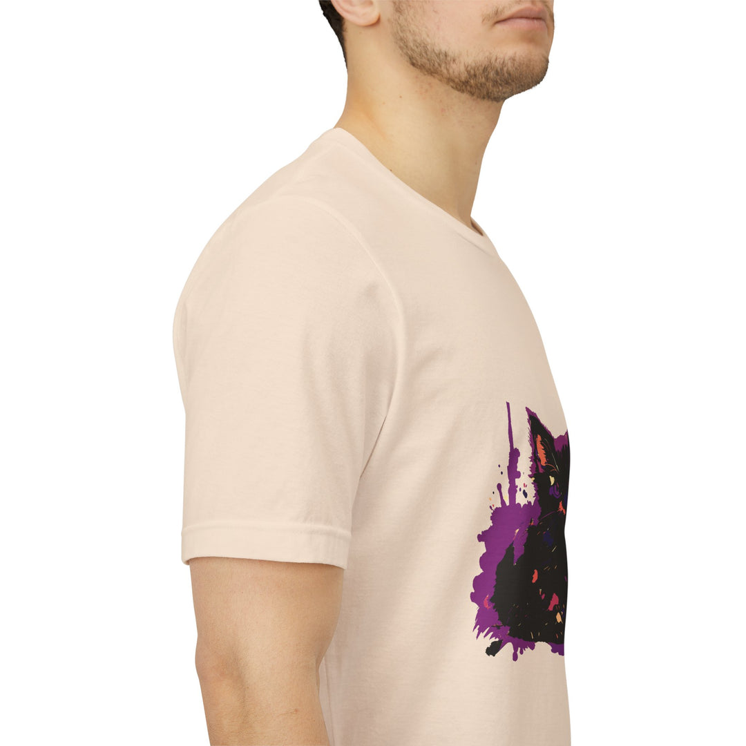Schwarzes Katzenrätsel – Lila Farbspritzer-T-Shirt