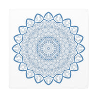 Handmade Mandala Art featuring a beautiful steel blue design on matte canvas, stretched and ready to hang as stunning wall art