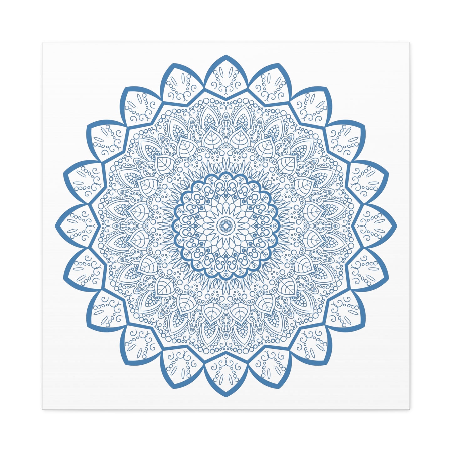 Handmade Mandala Art featuring a beautiful steel blue design on matte canvas, stretched and ready to hang as stunning wall art