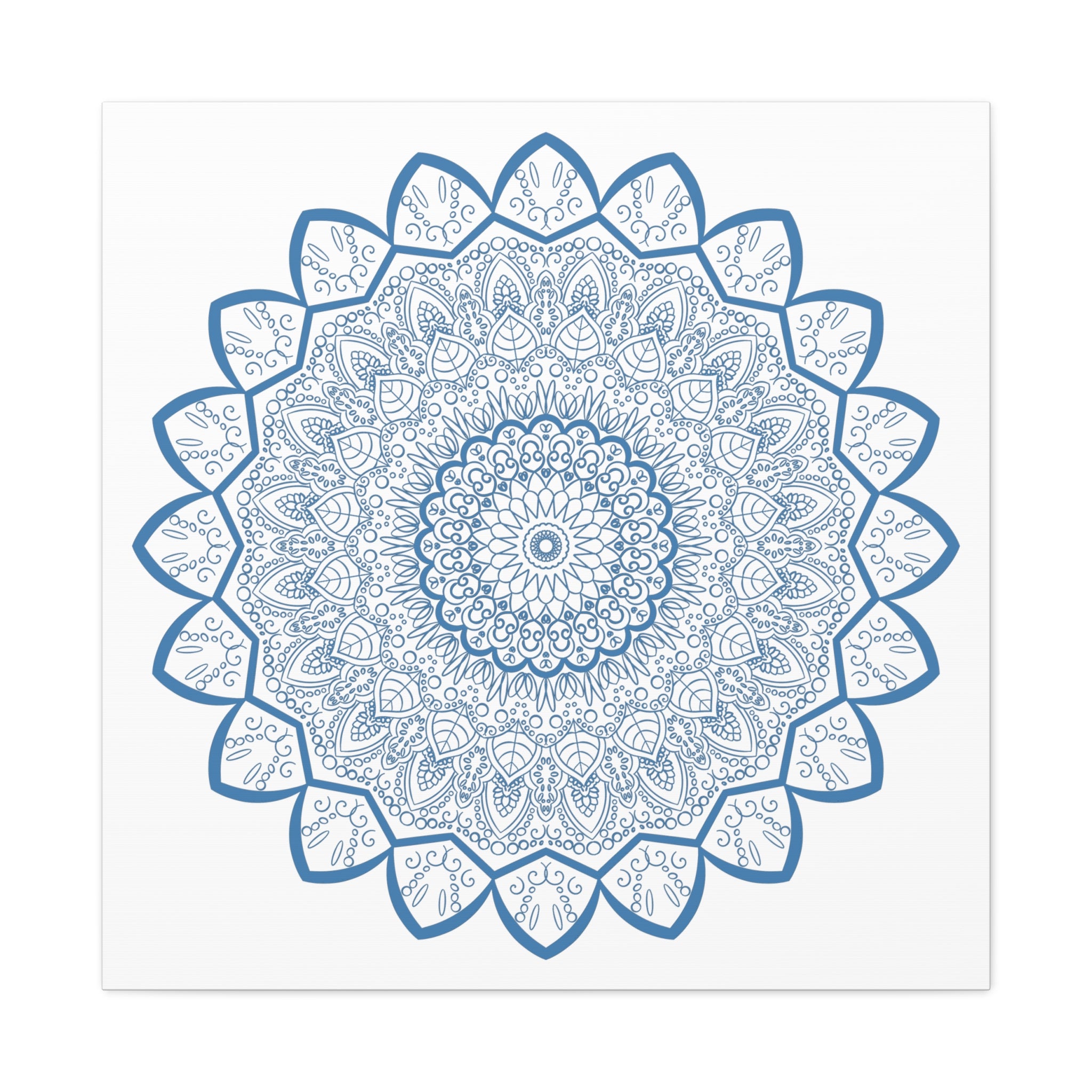 Handmade Mandala Art featuring a beautiful steel blue design on matte canvas, stretched and ready to hang as stunning wall art