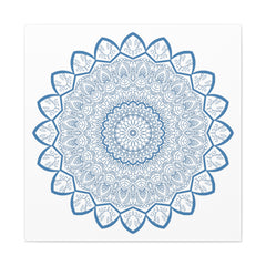 Handmade Mandala Art featuring a beautiful steel blue design on matte canvas, stretched and ready to hang as stunning wall art