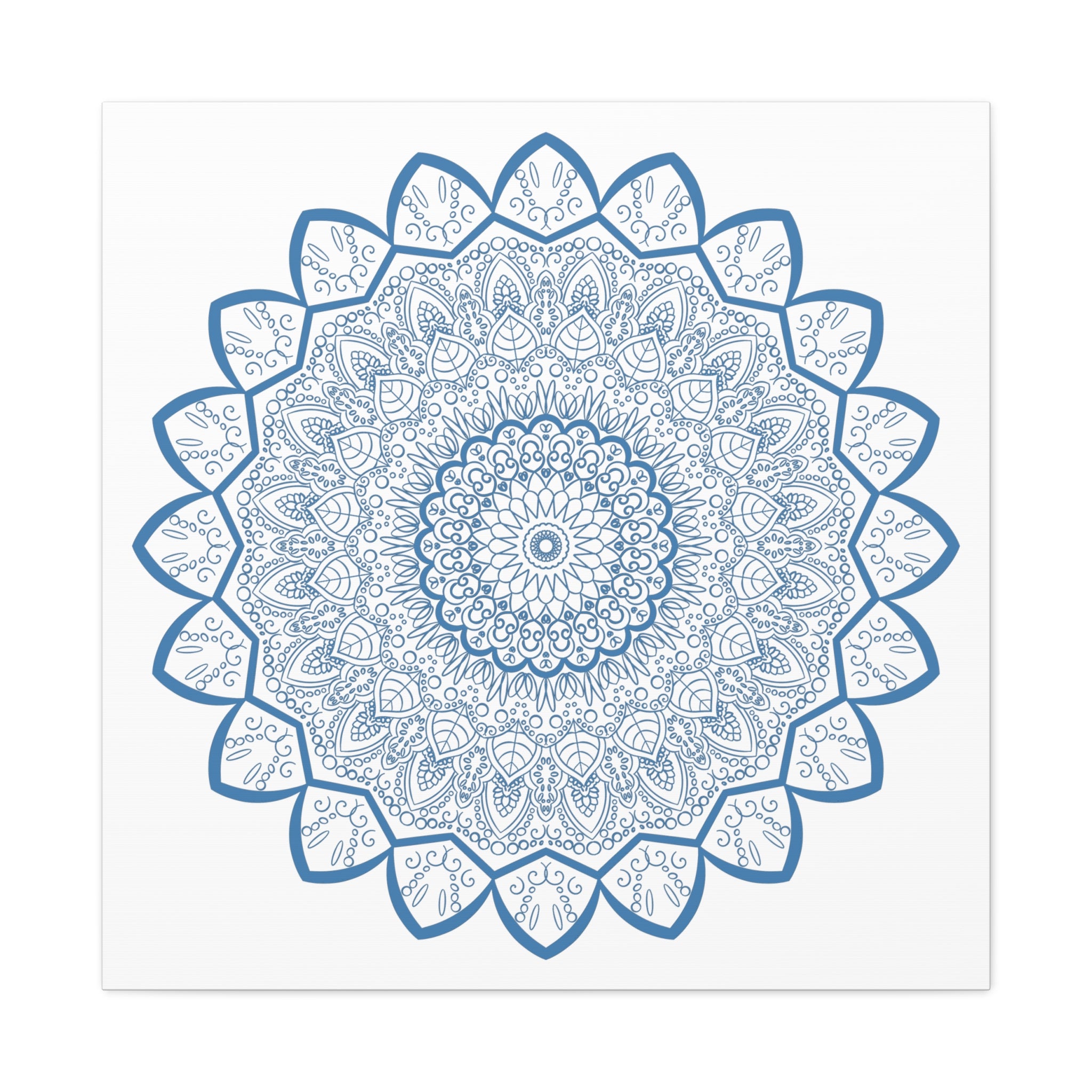 Handmade Mandala Art featuring a beautiful steel blue design on matte canvas, stretched and ready to hang as stunning wall art
