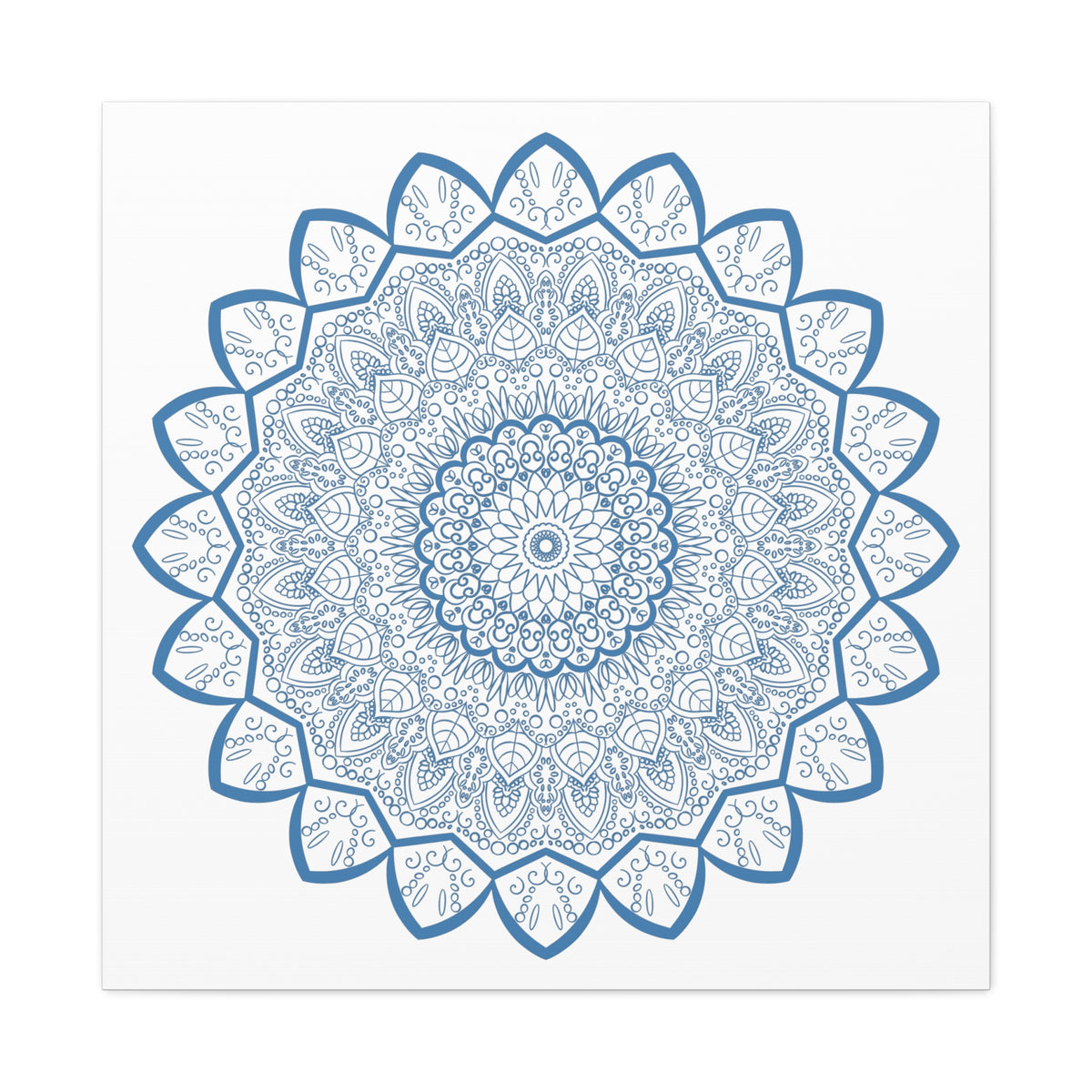 Handmade Mandala Art featuring a beautiful steel blue design on matte canvas, stretched and ready to hang as stunning wall art