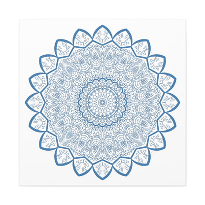 Handmade Mandala Art featuring a beautiful steel blue design on matte canvas, stretched and ready to hang as stunning wall art