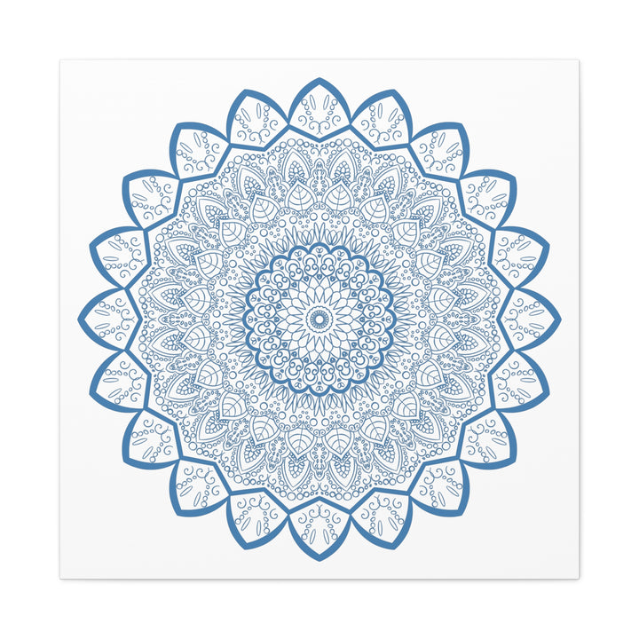 Handmade Mandala Art featuring a beautiful steel blue design on matte canvas, stretched and ready to hang as stunning wall art