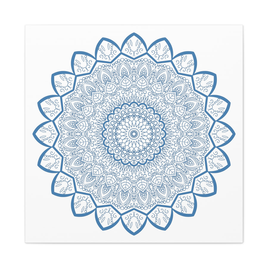 Handmade Mandala Art featuring a beautiful steel blue design on matte canvas, stretched and ready to hang as stunning wall art
