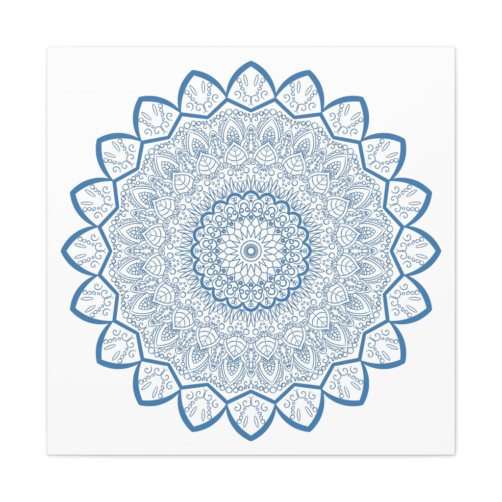 Handmade Mandala Art featuring a beautiful steel blue design on matte canvas, stretched and ready to hang as stunning wall art