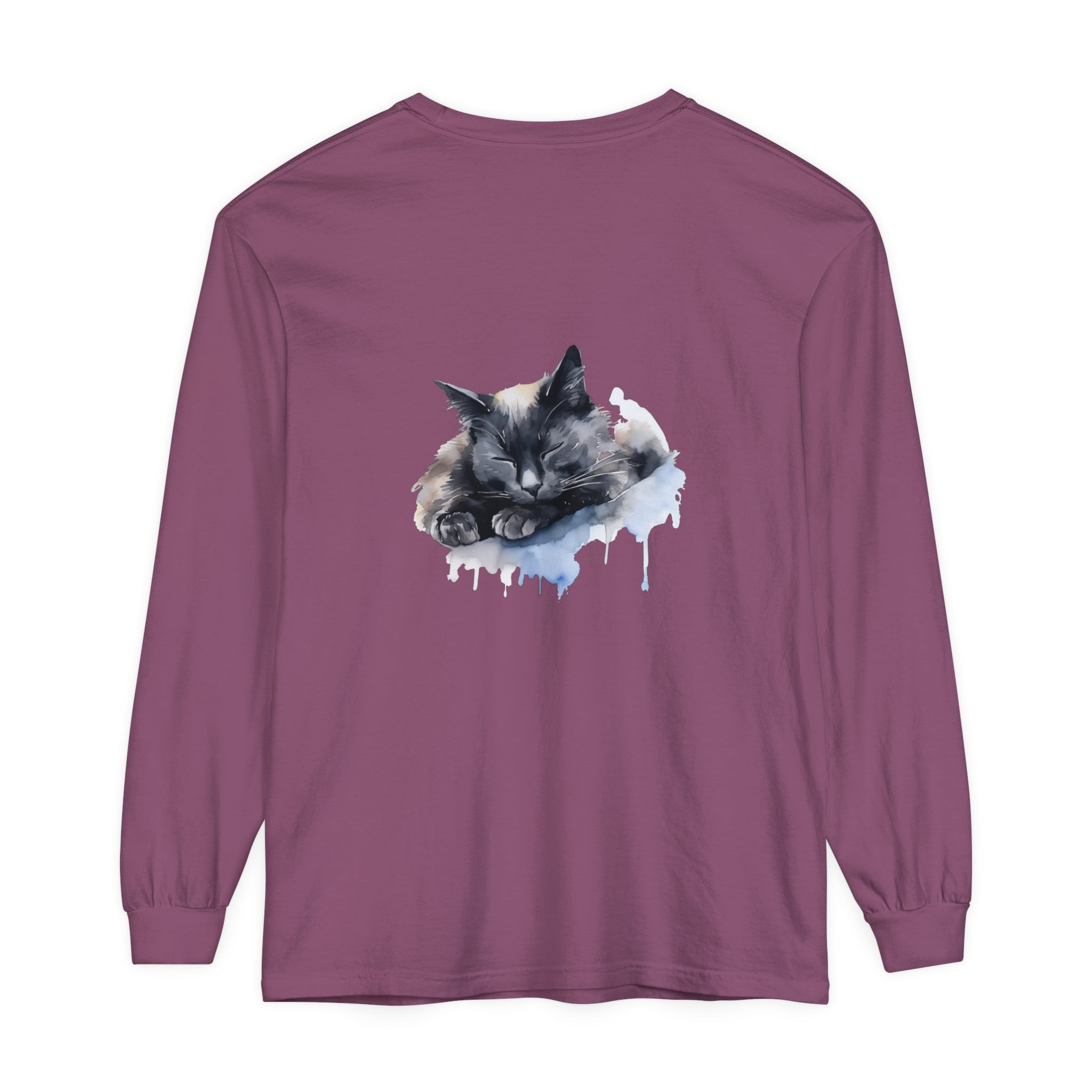 A beautiful watercolor illustration of a sleeping cat on a comfortable t-shirt