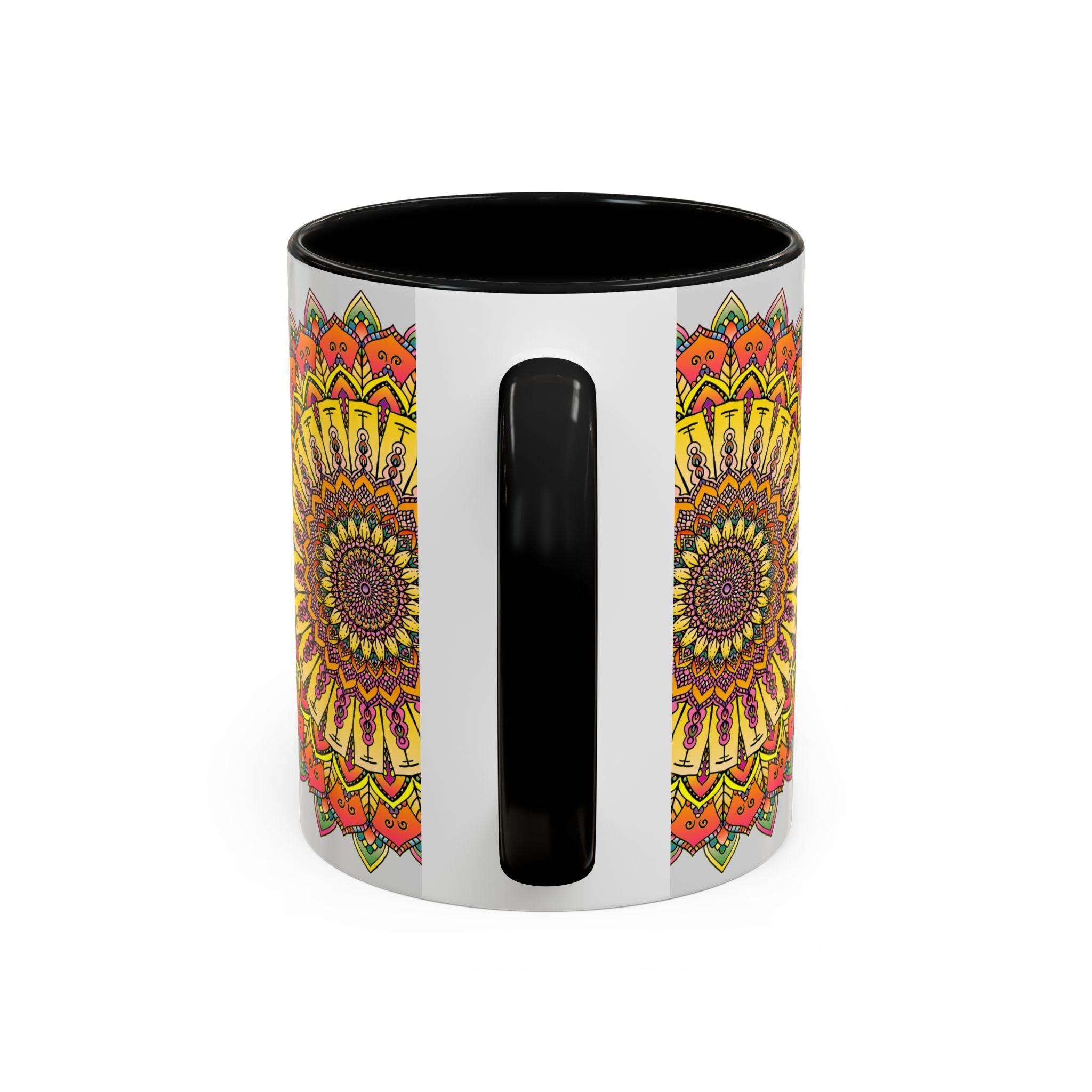 Vibrant Mandala Mug featuring colorful and intricate art on a grey background