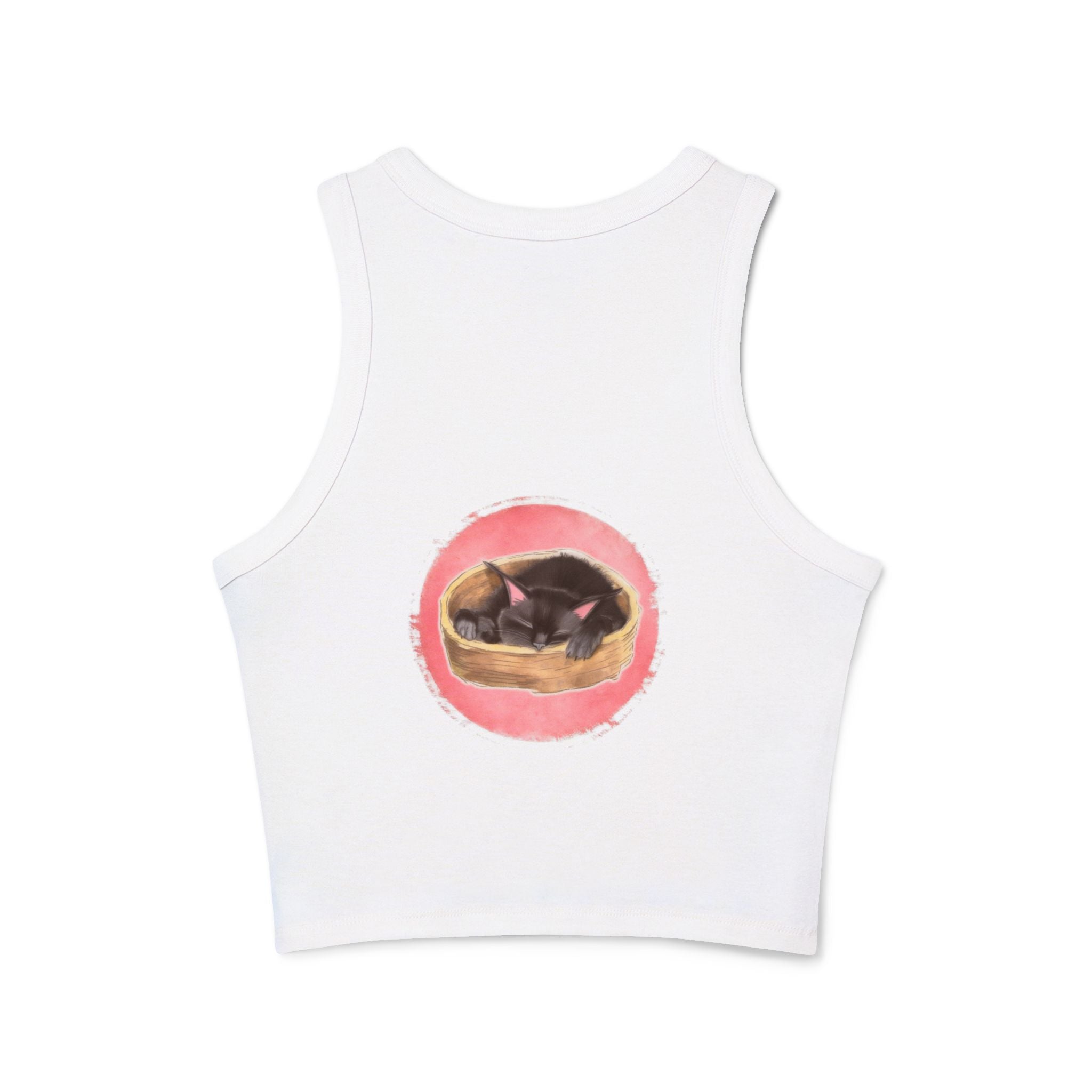 Black racerback tank top with a cute sleeping cat design