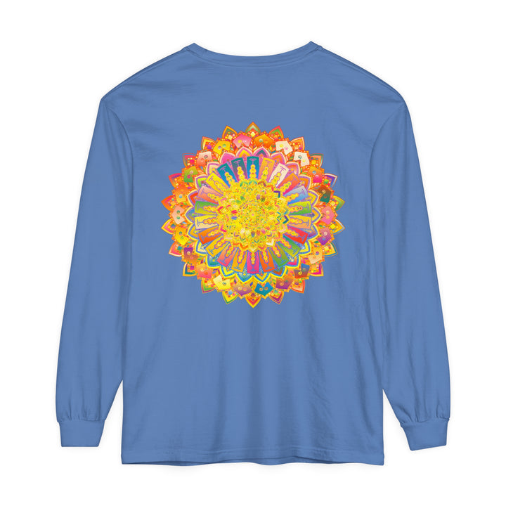 Intricate Mandala Unisex Long Sleeve T-Shirt with detailed geometric design and vibrant colors perfect for both men and women