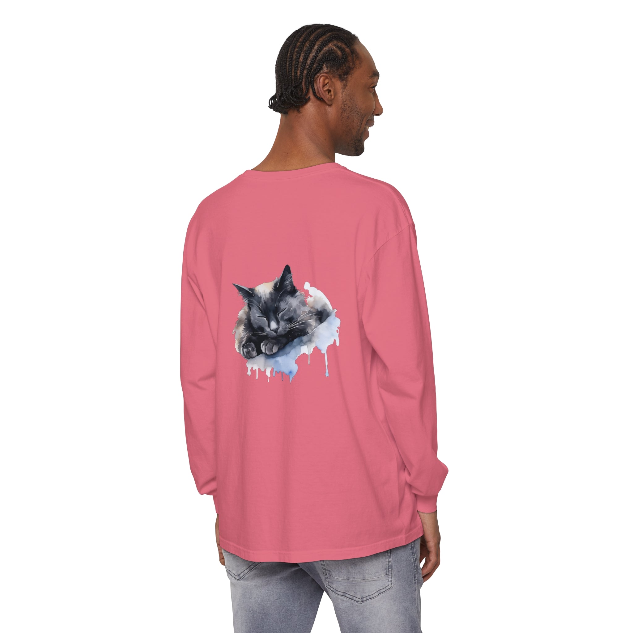 Beautiful watercolor illustration of a sleeping cat on a comfortable t-shirt