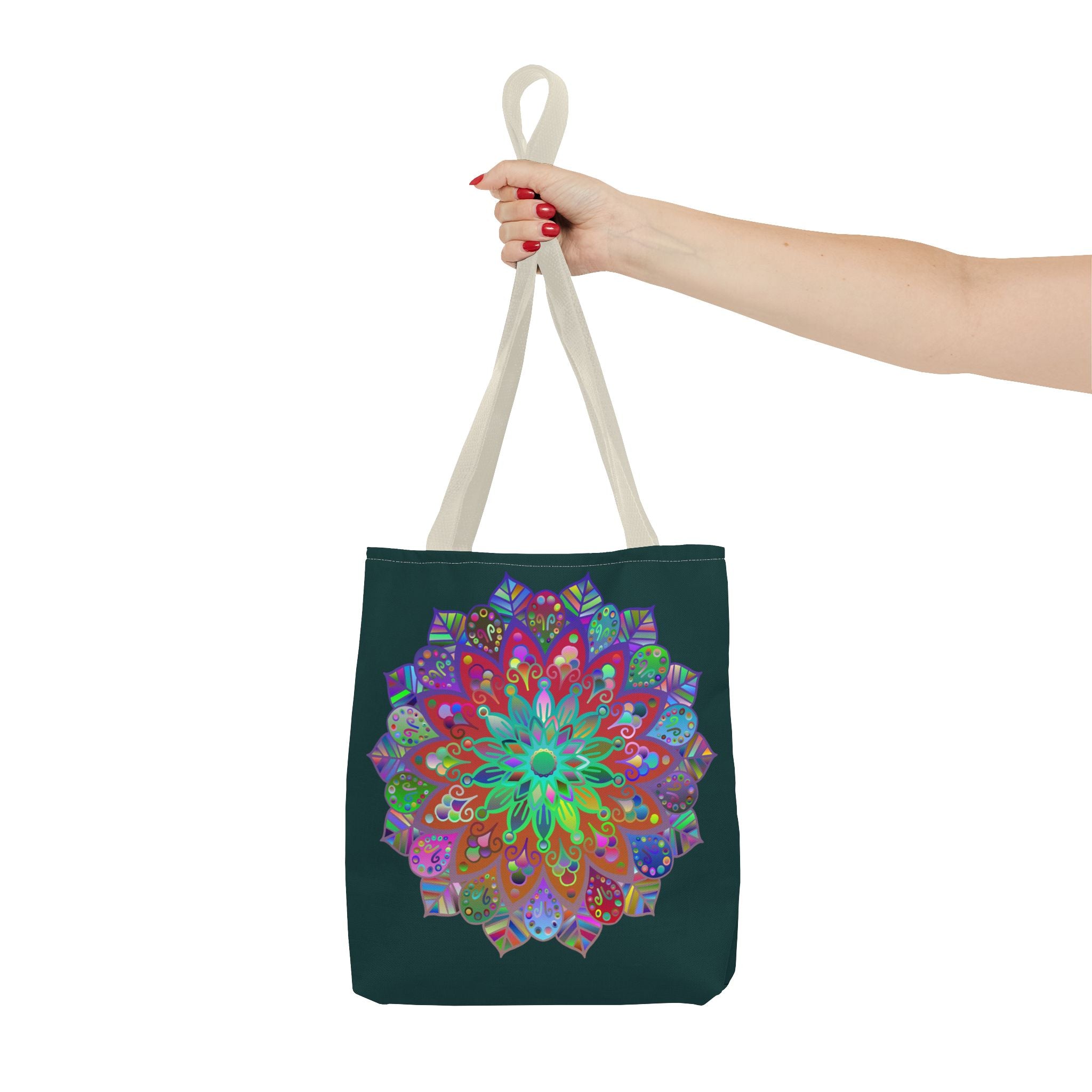 Spacious and trendy dark green tote bag with eye-catching mandala design