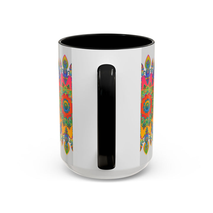 Colorful mandala mug featuring intricate and vibrant art on a grey background