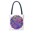 Colorful Mandala Lotus Tote Bag with intricate floral design and spacious interior for carrying everyday essentials