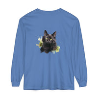 Black Cat Watercolor Splash Long Sleeve T-Shirt featuring a vibrant watercolor design of a black cat
