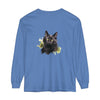 Black Cat Watercolor Splash Long Sleeve T-Shirt featuring a vibrant watercolor design of a black cat