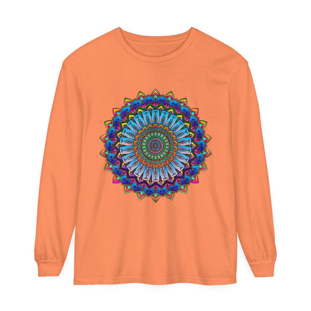 Colorful and intricate mandala design long sleeve t-shirt, suitable for both men and women, adds vibrancy to any outfit