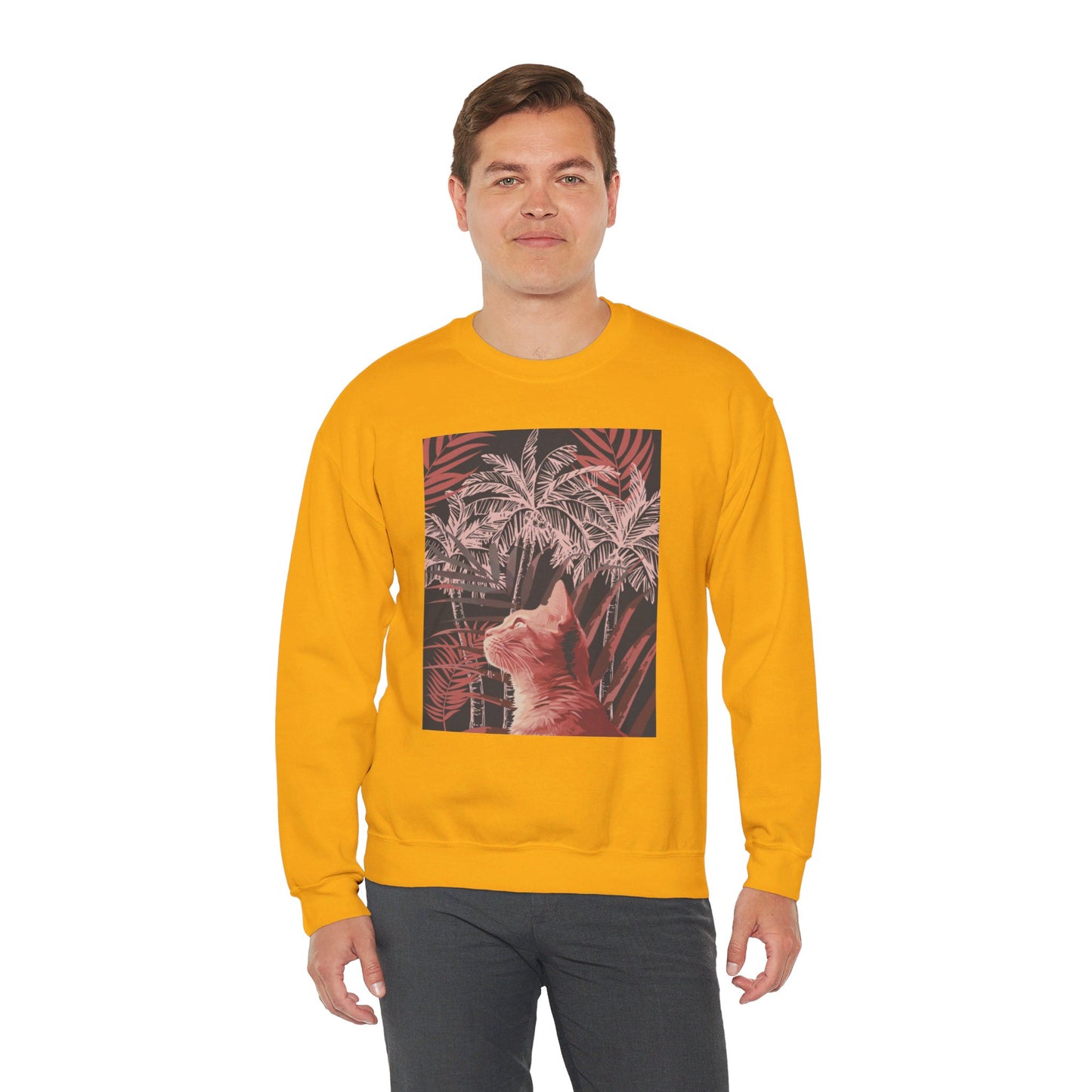 A cozy unisex heavy blend crewneck sweatshirt with a cute cat lounging under palm trees