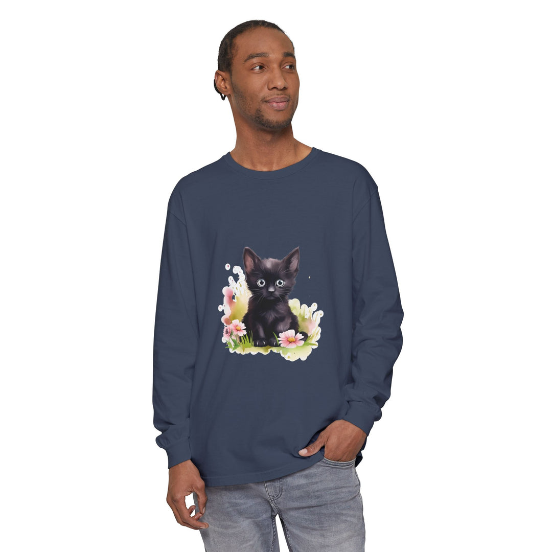 Black Kitten & Pink Flowers Long Sleeve T-Shirt