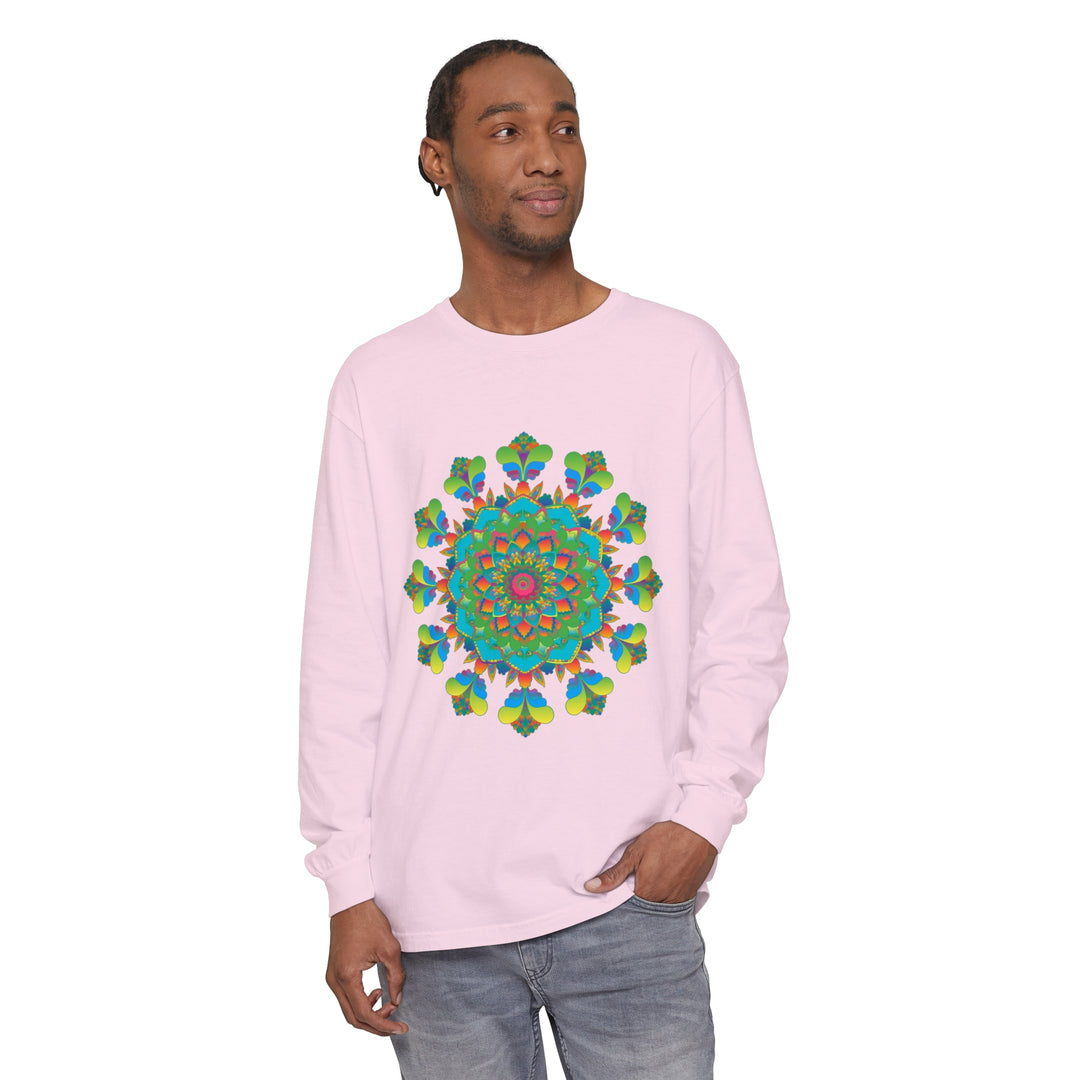 Vibrant and colorful Psychedelic Mandala Tie Dye Long Sleeve T-Shirt on display