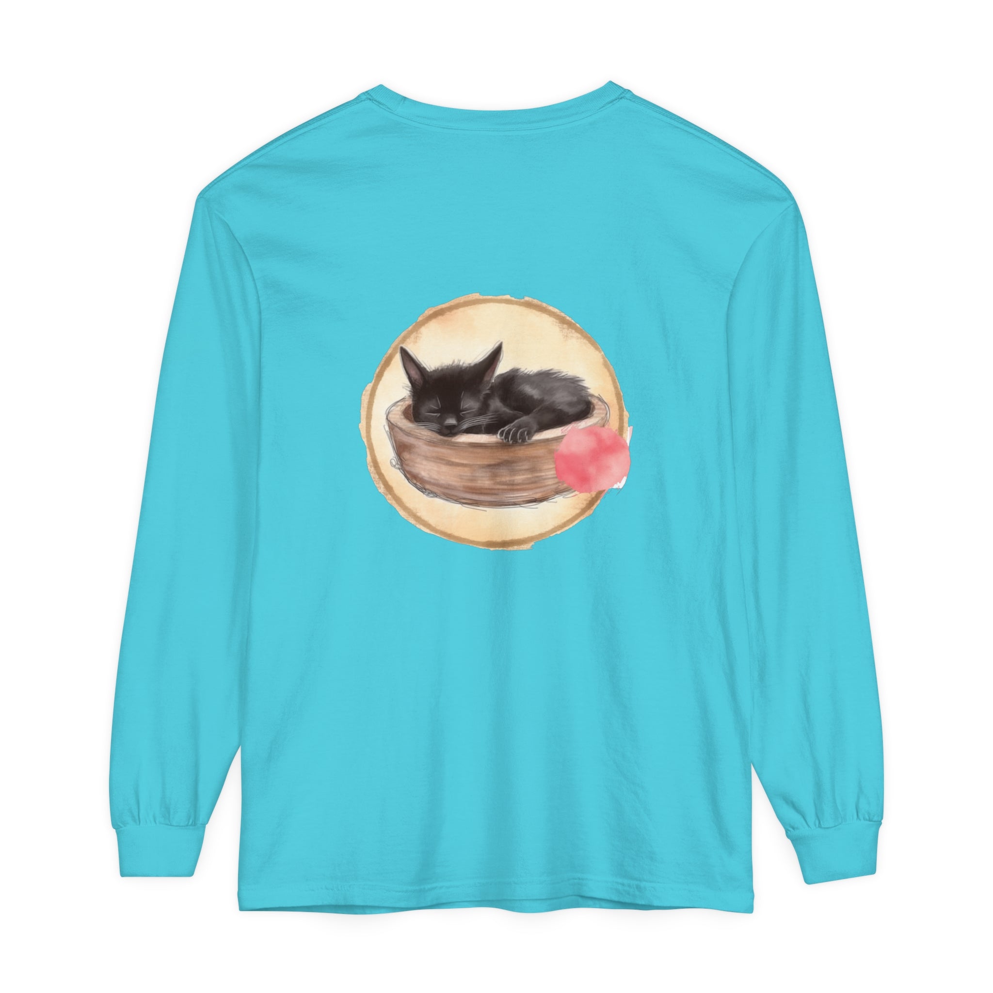 A watercolor illustration of a sleeping cat in a bowl on a long sleeve t-shirt