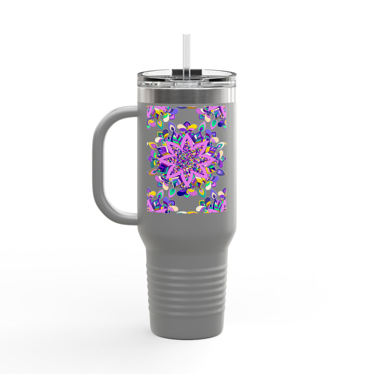 40oz Insulated Travel Mug — Purple Floral Mandala Design