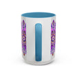  Artisanal mug featuring a hand-painted purple and gold mandala illustration