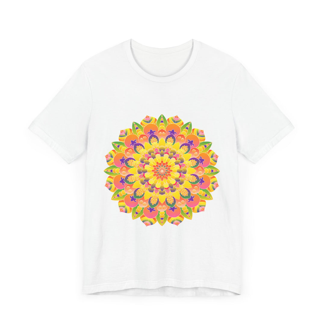 A vibrant and colorful mandala tee featuring a spiritual art design