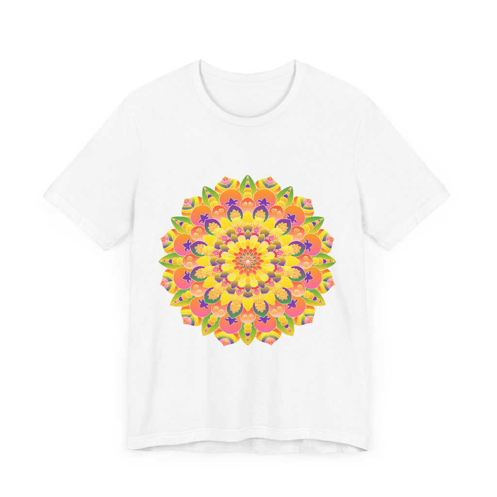 A vibrant and colorful mandala tee featuring a spiritual art design