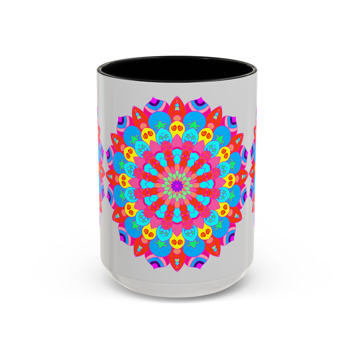 A ceramic mug with a vibrant mandala design, promoting peace and tranquility