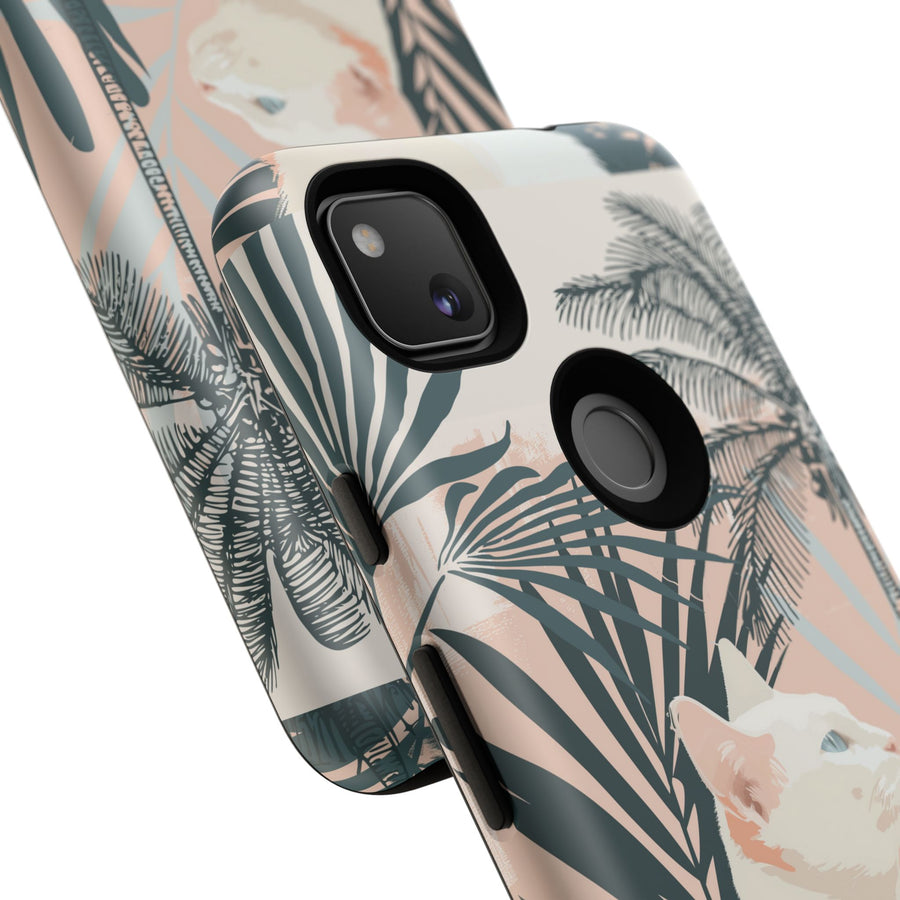Tropical Cat Phone Case with Lush Palm Motifs and Soft Pastels