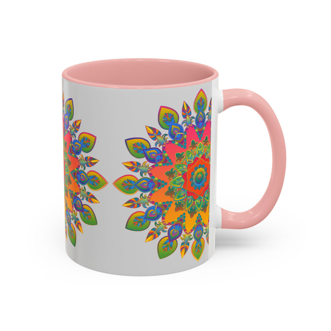 Vibrant and intricate mandala design in a variety of colors on a grey ceramic mug