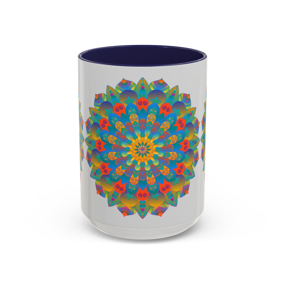 A close-up image of a vibrant yellow, orange, and blue Mandala Art Mug, perfect for adding a pop of color to your morning coffee routine