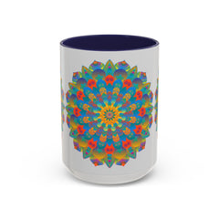 A close-up image of a vibrant yellow, orange, and blue Mandala Art Mug, perfect for adding a pop of color to your morning coffee routine