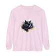 A close-up image of a black cat watercolor t-shirt, featuring a peacefully sleeping black cat with vivid watercolor details on a comfortable, high-quality fabric
