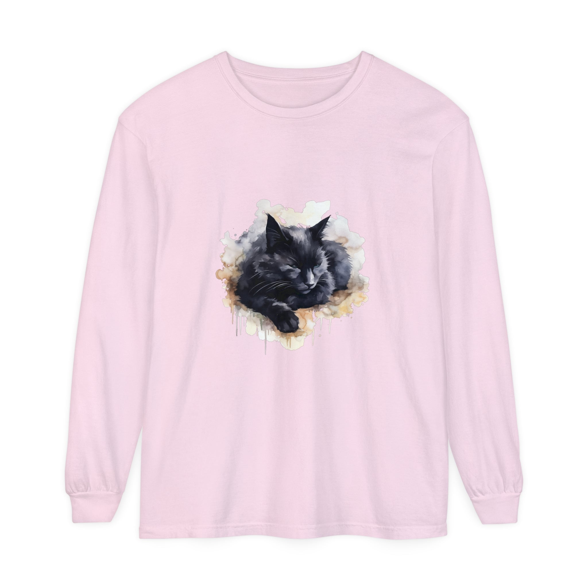 A close-up image of a black cat watercolor t-shirt, featuring a peacefully sleeping black cat with vivid watercolor details on a comfortable, high-quality fabric