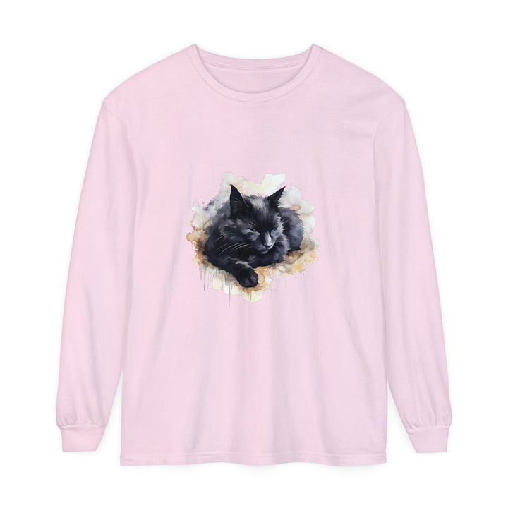 A close-up image of a black cat watercolor t-shirt, featuring a peacefully sleeping black cat with vivid watercolor details on a comfortable, high-quality fabric