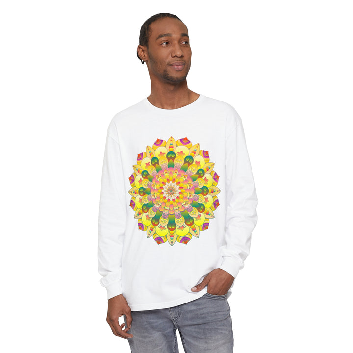 Vibrant Mandala Unisex Long Sleeve T-Shirt featuring colorful intricate mandala design on soft, comfortable fabric