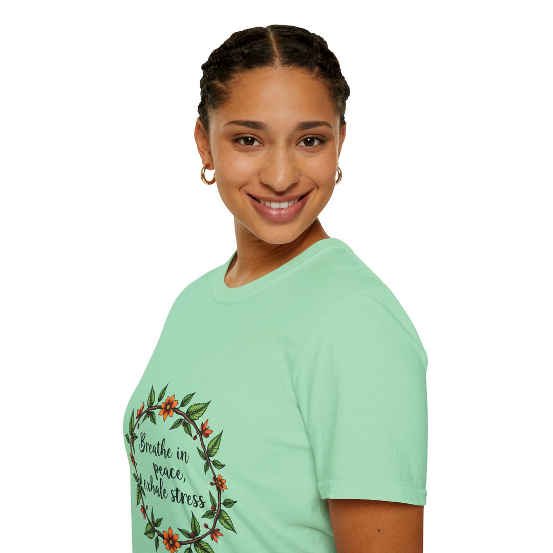 Floral garland t-shirt in white with 'Breathe in Peace Exhale Stress' print, perfect for a peaceful and stress-free look