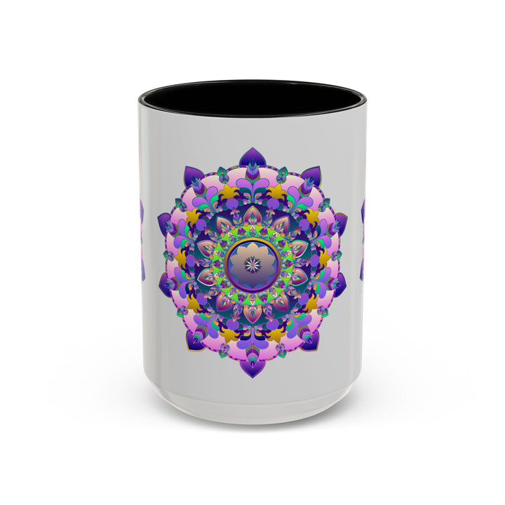 A vibrant and intricate mandala art mug featuring a colorful floral design