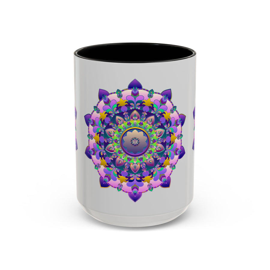 A vibrant and intricate mandala art mug featuring a colorful floral design
