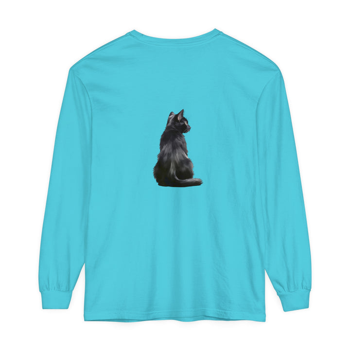 Black Cat Mystique Long Sleeve T-Shirt: A stylish and comfy black long sleeve shirt featuring a mysterious black cat design